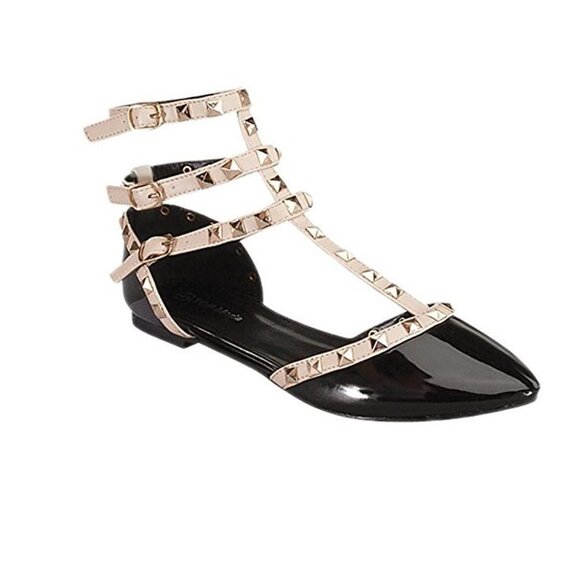 Studded Pointed Toe Punk Flats – Black Patent & Beige Triple Buckle Sandals - Picture 7 of 7